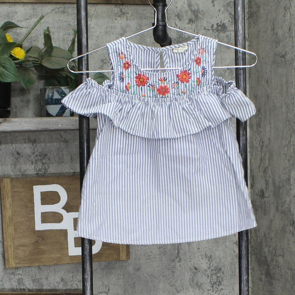 Eyeshadow Girls Woveen Cold Shoulder Ruffle Shirt Top Blue / White Stripe M